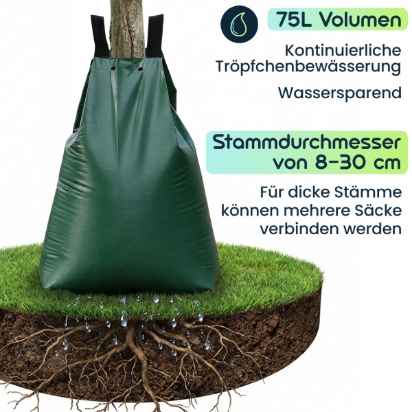 6er-Set Baum-Bewässerungssack 75L Wassersack für Bäume - UV- & Wetterbeständiger PE Wasserbeutel mit Reissverschluss & 2 Ösen - 9h Tröpfchenbewässerung