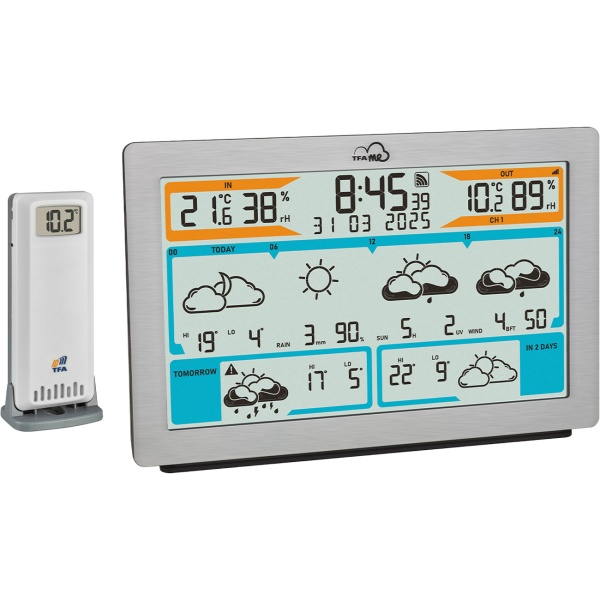 Präzise WLAN Funk-Wetterstation mit Wetter.com Vorhersage, Digital-Thermometer, Hygrometer, Warnung - stabil & präzise in Metall-Optik