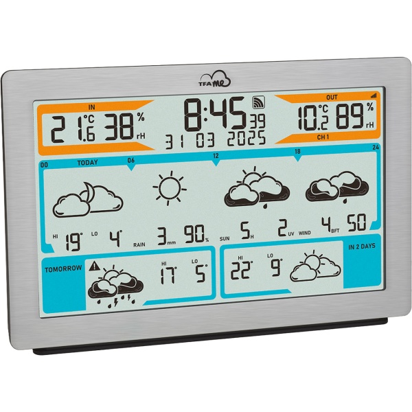 Präzise WLAN Funk-Wetterstation mit Wetter.com Vorhersage, Digital-Thermometer, Hygrometer, Warnung - stabil & präzise in Metall-Optik