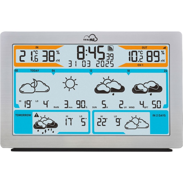 Präzise WLAN Funk-Wetterstation mit Wetter.com Vorhersage, Digital-Thermometer, Hygrometer, Warnung - stabil & präzise in Metall-Optik