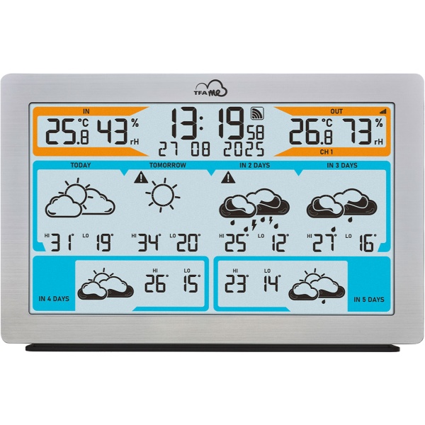 Präzise WLAN Funk-Wetterstation mit Wetter.com Vorhersage, Digital-Thermometer, Hygrometer, Warnung - stabil & präzise in Metall-Optik