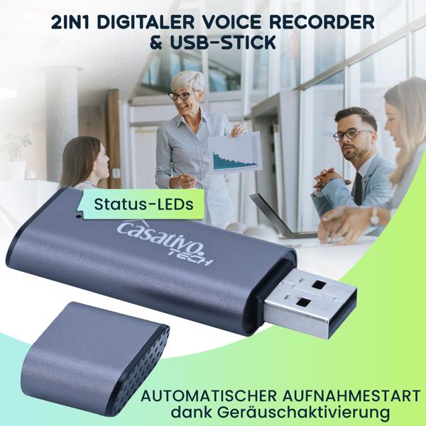 2-in-1 Digitaler Voice Recorder & USB-Stick 8GB – Diktiergerät mit Geräuschaktivierung, 20h Aufnahmezeit, Status-LEDs