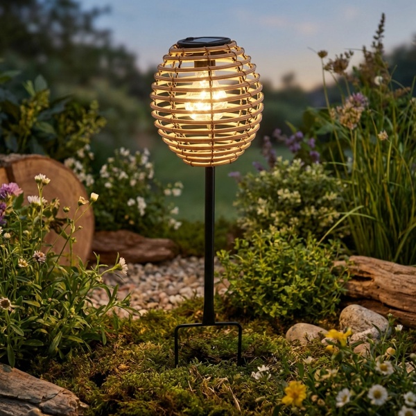 Elegante Solar-Steckleuchte für Garten & Terrasse: Robuste LED Solarlampe mit Metallstab, Rattan-Optik für stimmungsvolle Wege