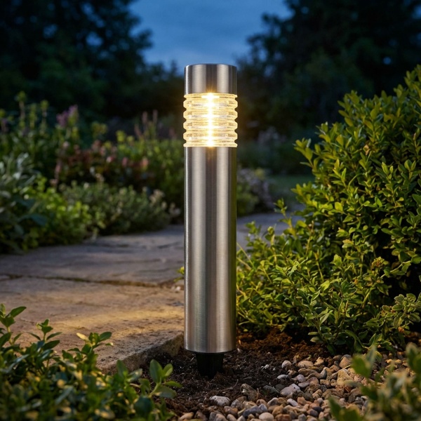 Solarleuchte aus Edelstahl: Gartenleuchte warmweiss mit Erdspiess, LED Aussenleuchte wetterfest - moderne Solarlampe für Garten