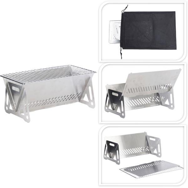 Mobiler Mini Holzkohlegrill aus Edelstahl, kompakter Campinggrill 28x15 cm, klappbarer Picknickgrill steckbar, inkl. Tragetasche für Outdoor