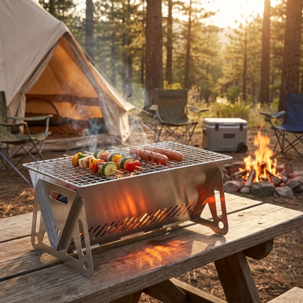 Mobiler Mini Holzkohlegrill aus Edelstahl, kompakter Campinggrill 28x15 cm, klappbarer Picknickgrill steckbar, inkl. Tragetasche für Outdoor
