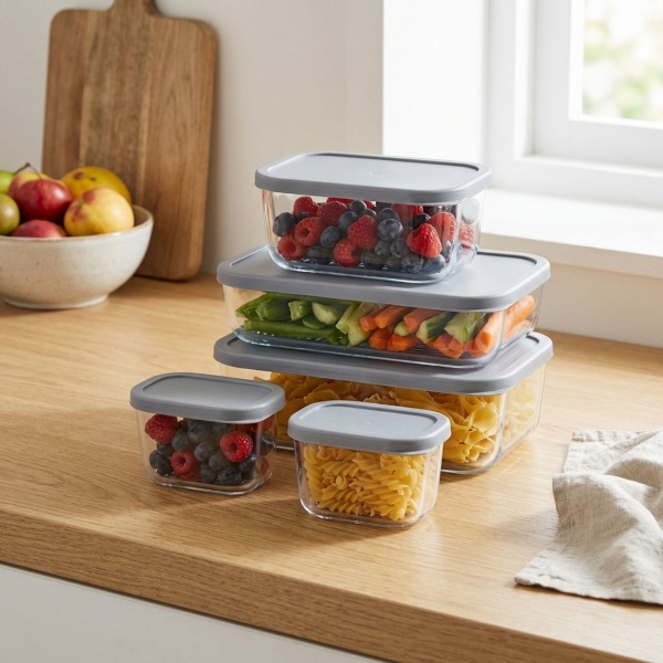 Frischhaltedosen Set 5-teilig aus Borosilikat-Glas – Ofenfest mit grauen Deckeln – 2x300ml, 750ml, 1200ml, 1700ml für frische Vorräte und Meal Prep