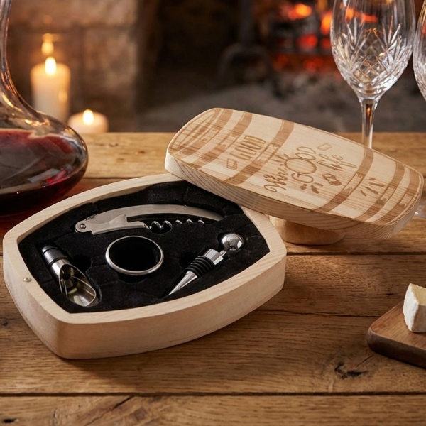 5-teiliges Weinzubehörset in kompakter Holzbox – Inklusive Korkenzieher, Ausgiesser, Verschluss & Tropfschutz – Edles Geschenk für Weinliebhaber & Kenner