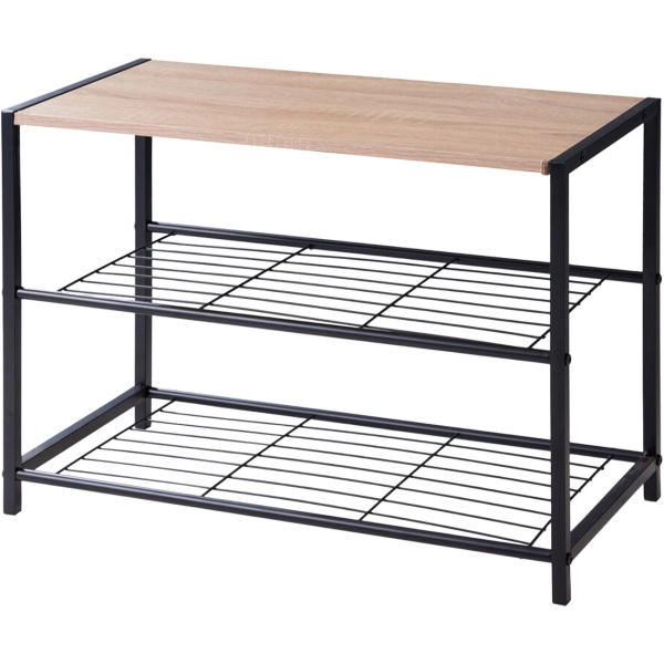 Metall Schuhregal mit 2 Gitter-Ebenen und Holzdekor Ablage – Kompakte Schuhablage 63x30x43 cm, Stabiler Schuhorganizer für Flur, Eingangsbereich und Garderobe