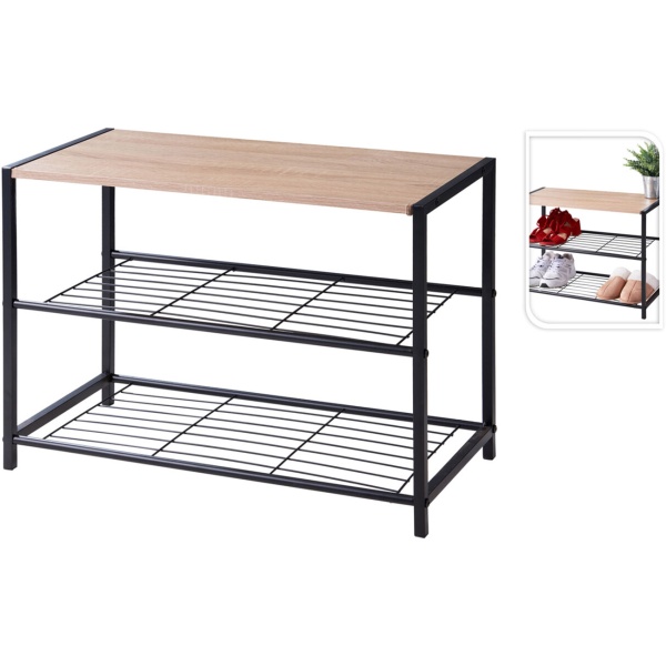 Metall Schuhregal mit 2 Gitter-Ebenen und Holzdekor Ablage – Kompakte Schuhablage 63x30x43 cm, Stabiler Schuhorganizer für Flur, Eingangsbereich und Garderobe