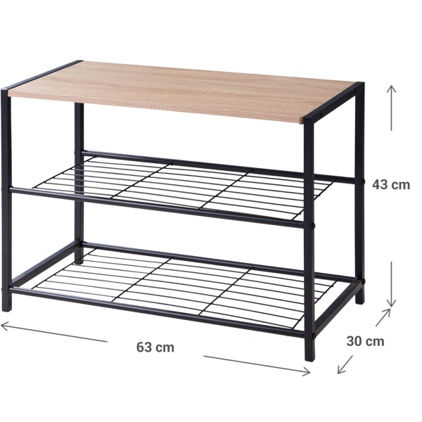 Metall Schuhregal mit 2 Gitter-Ebenen und Holzdekor Ablage – Kompakte Schuhablage 63x30x43 cm, Stabiler Schuhorganizer für Flur, Eingangsbereich und Garderobe