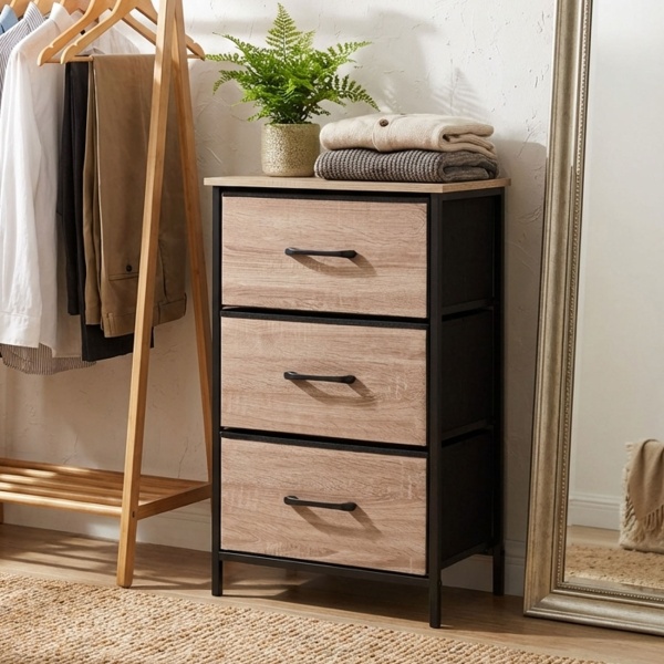 Stilvoller Beistellschrank mit 3 Schubladen & Metallrahmen: Moderner Nachtschrank in Holzoptik für Schlafzimmer & Flur, 45x30x75 cm