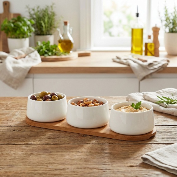 Edles Tapas Schüsseln Set aus 3 weissen Porzellanschalen mit je 200 ml Fassungsvermögen auf natürlichem Bambus-Tablett, Perfekt zum Servieren von Snacks