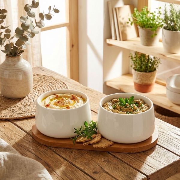 Edles Tapas Schüsseln Set aus 2 weissen Porzellanschalen mit je 200 ml Fassungsvermögen auf natürlichem Bambus-Tablett, Perfekt zum Servieren von Snacks