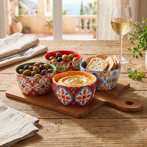 Edles 5-teiliges Servierset aus Steinzeug und Bambus: 4 bunte Dipschalen mit Tablett für Tapas, Snacks, Fingerfood, Party und Knabberzeug