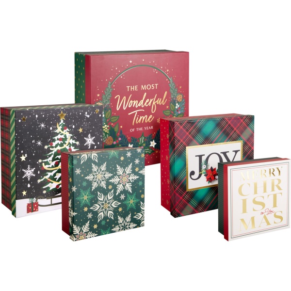 Geschenkboxen Set Weihnachten 5-teilig, quadratische Geschenkschachteln aus stabiler Pappe in 5 Grössen & Designs, Advent Geschenkverpackung