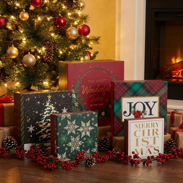 Geschenkboxen Set Weihnachten 5-teilig, quadratische Geschenkschachteln aus stabiler Pappe in 5 Grössen & Designs, Advent Geschenkverpackung