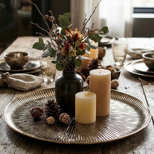 Dekoteller gold rund 39 cm aus Metall, Dekoplatte mit Rillenmuster für Adventsgesteck, Kerzenteller & Tischdeko, edle Weihnachtsdeko im Goldfinish