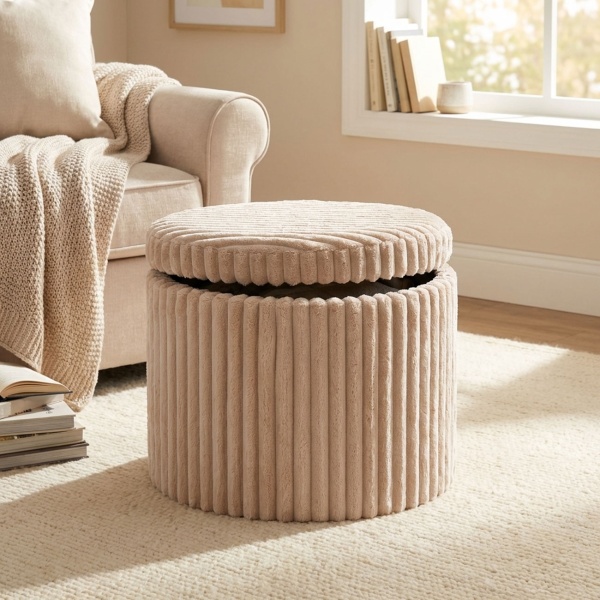 Schicker runder Hocker 52x38,5 cm in Beige mit praktischem Stauraum & Deckel - Eleganter Sitzhocker & bequeme Fussbank für das Wohnzimmer 
