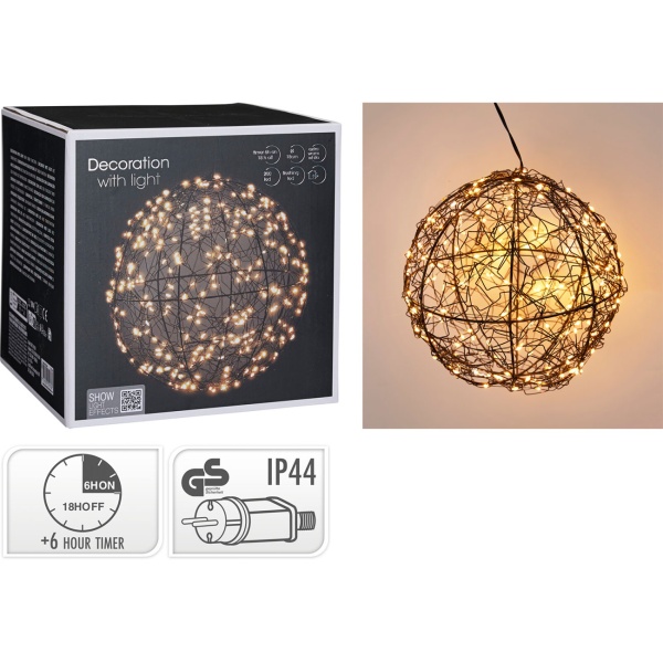Traumhafte LED Lichtkugel schwarz 18cm: warmweisse Micro LEDs für Balkon & Wohnzimmer - Leuchtkugel mit Timer & Funkel-Effekt