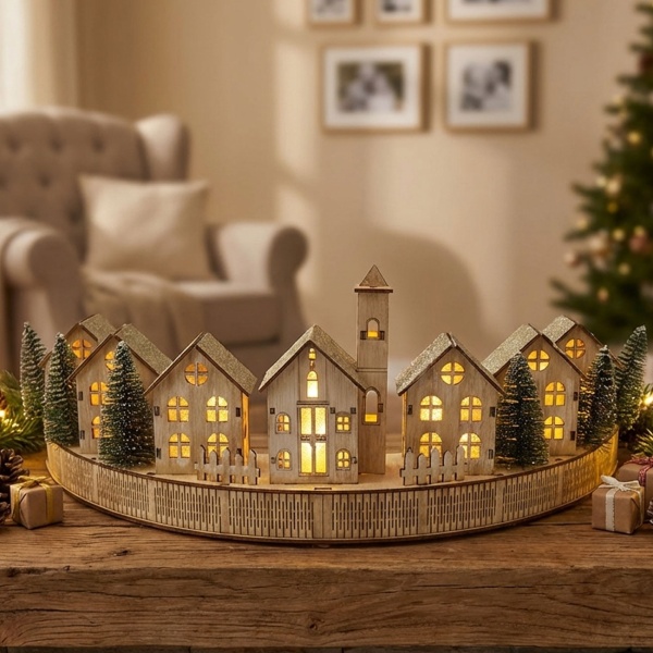Wunderschöne LED Weihnachtsdeko 47cm: Winterdorf aus Holz beleuchtet, LED-Häuserszenerie perfekt als Fensterdeko & Tischdeko
