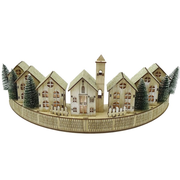 Wunderschöne LED Weihnachtsdeko 47cm: Winterdorf aus Holz beleuchtet, LED-Häuserszenerie perfekt als Fensterdeko & Tischdeko