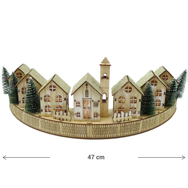 Wunderschöne LED Weihnachtsdeko 47cm: Winterdorf aus Holz beleuchtet, LED-Häuserszenerie perfekt als Fensterdeko & Tischdeko