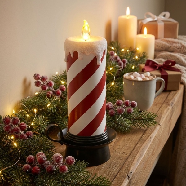 Festliche LED Zuckerstangen Kerze rot-weiss 29,5cm – Charmante weihnachtliche Deko-Kerze mit warmweissem Flackereffekt für stimmungsvolle Tage