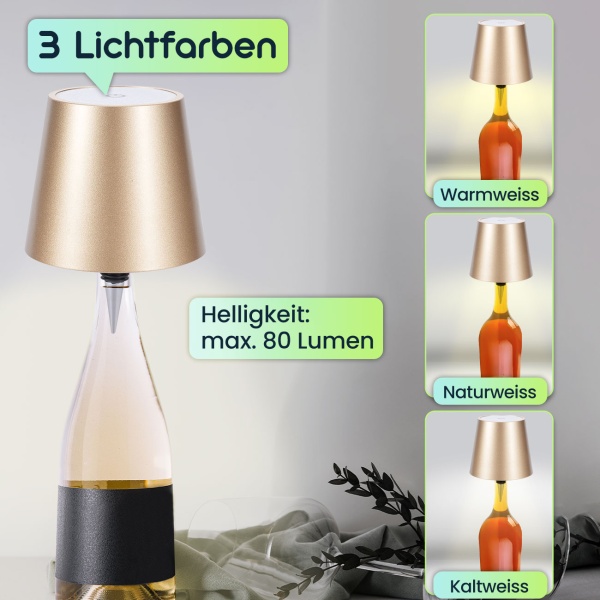 Edle Akku Flaschenlampe gold: Dimmbar - 3 Lichtfarben: Verwandelt Flaschen in stimmungsvolle Leuchten - Dekoratives Flaschenlicht mit Metallschirm