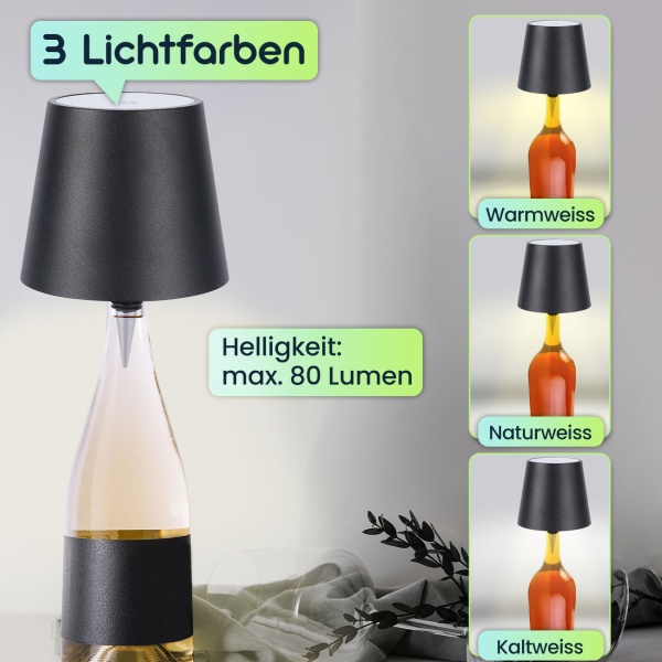 Edle Akku Flaschenlampe schwarz: Dimmbar - 3 Lichtfarben: Verwandelt Flaschen in stimmungsvolle Leuchten - Dekoratives Flaschenlicht mit Metallschirm