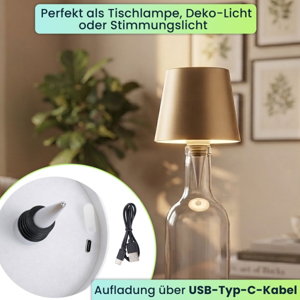 4er-Set Edle Akku Flaschenlampe gold: Dimmbar - 3 Lichtfarben: Verwandelt Flaschen in stimmungsvolle Leuchten - Flaschenlicht mit Metallschirm