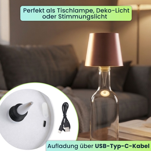 4er-Set Edle Akku Flaschenlampe rosegold: Dimmbar - 3 Lichtfarben: Verwandelt Flaschen in stimmungsvolle Leuchten - Flaschenlicht mit Metallschirm