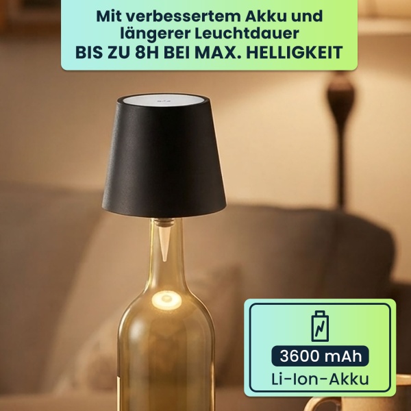 2er-Set Edle Akku Flaschenlampe schwarz: Dimmbar - 3 Lichtfarben: Verwandelt Flaschen in stimmungsvolle Leuchten - Flaschenlicht mit Metallschirm