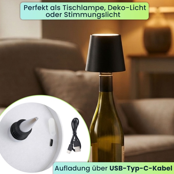 2er-Set Edle Akku Flaschenlampe schwarz: Dimmbar - 3 Lichtfarben: Verwandelt Flaschen in stimmungsvolle Leuchten - Flaschenlicht mit Metallschirm