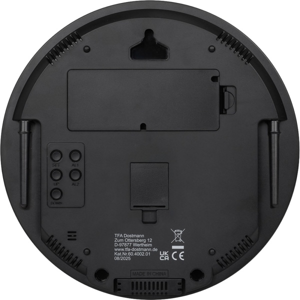 Moderne LED Wanduhr & Tischuhr digital: rundumlaufende Sekunden, 2 Alarme, Snooze, Datum, Temperatur, Netz- & Batteriebetrieb - Ø25,5 cm, schwarz