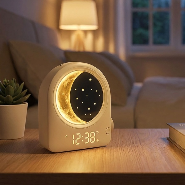 Moderner Digitaler Lichtwecker mit Mondlampe, Meteorsimulation & 10 Naturgeräuschen - Für sanftes Einschlafen, 2 Alarme, 16x6,9x18,4 cm