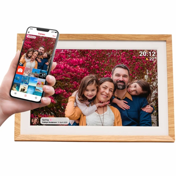 Digitaler 10,1 Zoll WLAN Fotorahmen mit IPS Touchscreen, Frameo App & Videofunktion, 16GB: 3 Wechselrahmen - Holz-Optik, Schwarz und Weiss