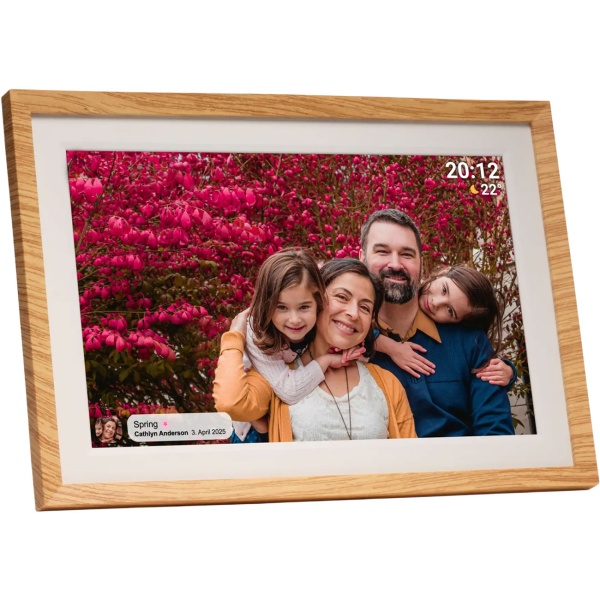 Digitaler 10,1 Zoll WLAN Fotorahmen mit IPS Touchscreen, Frameo App & Videofunktion, 16GB: 3 Wechselrahmen - Holz-Optik, Schwarz und Weiss
