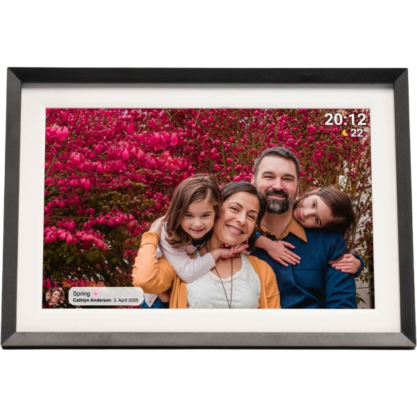 Digitaler 10,1 Zoll WLAN Fotorahmen mit IPS Touchscreen, Frameo App & Videofunktion, 16GB: 3 Wechselrahmen - Holz-Optik, Schwarz und Weiss