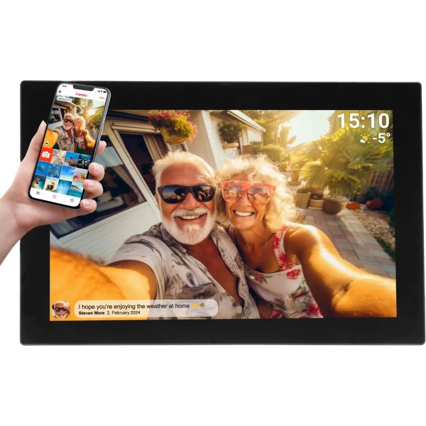 Smarter 10,1" WLAN Fotorahmen mit Frameo App & IPS Touchscreen, Schwarz  – Teilen Sie Videos & Fotos direkt mit der Familie, 16GB Speicher