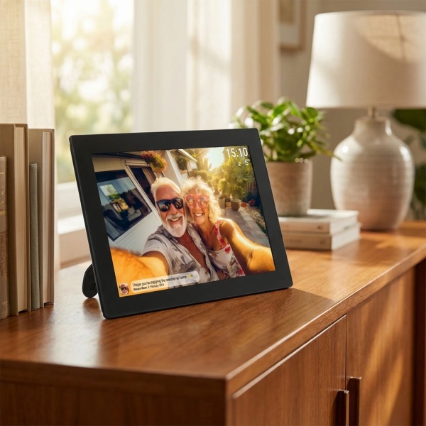 Smarter 10,1" WLAN Fotorahmen mit Frameo App & IPS Touchscreen, Schwarz  – Teilen Sie Videos & Fotos direkt mit der Familie, 16GB Speicher