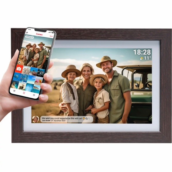 10,1" WLAN Fotorahmen Dunkles MDF-Holz: Brillantes IPS-Touch-Display, Frameo App, 16GB Speicher - Fotos teilen mit Familie & Freunden