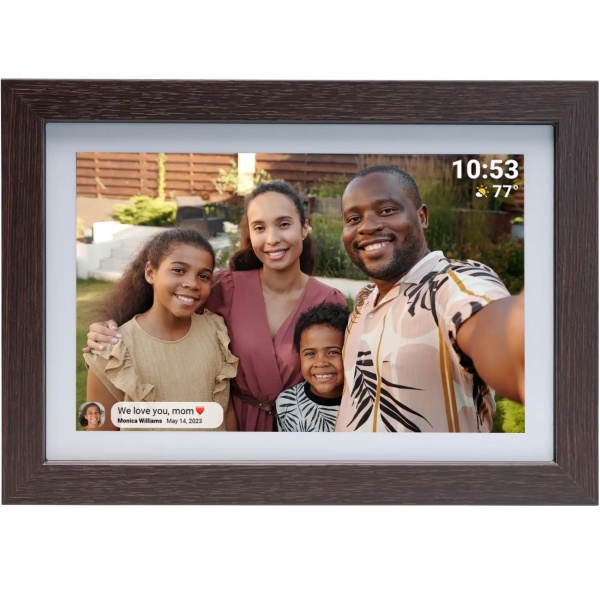 10,1" WLAN Fotorahmen Dunkles MDF-Holz: Brillantes IPS-Touch-Display, Frameo App, 16GB Speicher - Fotos teilen mit Familie & Freunden