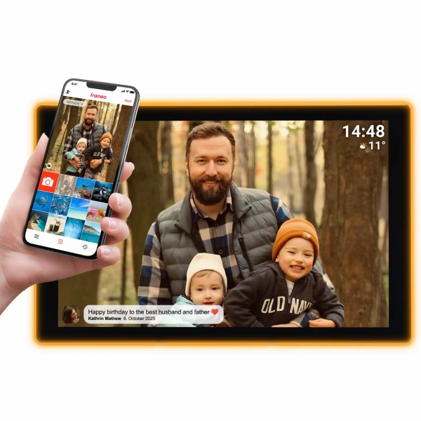 Digitaler 10,1 Zoll WLAN Fotorahmen mit Frameo App - IPS Touchscreen, 16GB - Ambilight 190 LEDs - Full-HD Video - Ideales Geschenk