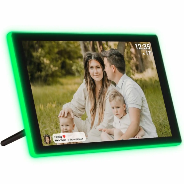 Digitaler 10,1 Zoll WLAN Fotorahmen mit Frameo App - IPS Touchscreen, 16GB - Ambilight 190 LEDs - Full-HD Video - Ideales Geschenk