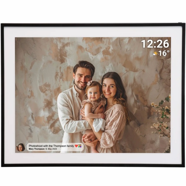 Digitaler Bilderrahmen 19 Zoll HD IPS Touchscreen: WLAN Fotorahmen 32GB, Frameo App, Video-Funktion - Smart Home Fotogeschenk, Schwarz & Modern 