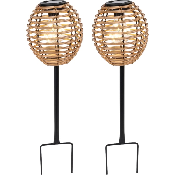 2er-Set Elegante Solar-Steckleuchte für Garten & Terrasse: Robuste LED Solarlampe mit Metallstab, Rattan-Optik für stimmungsvolle Wege