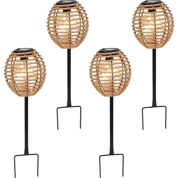 4er-Set Elegante Solar-Steckleuchte für Garten & Terrasse: Robuste LED Solarlampe mit Metallstab, Rattan-Optik für stimmungsvolle Wege