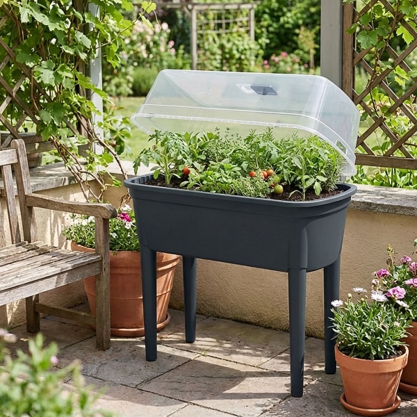 Kompaktes Gewächshaus Anthrazit 47L, Anzuchtstation mit Deckel & Beinen: Anzuchtbox, robust & tragbar für Pflanzen