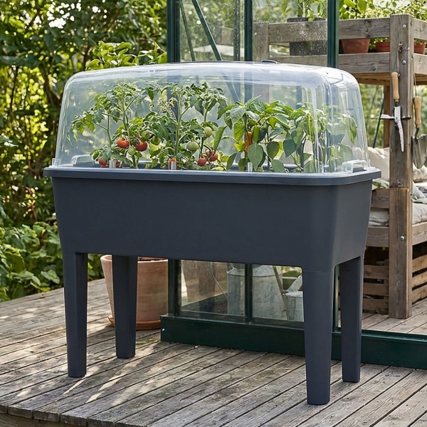 Praktisches Gewächshaus Anthrazit 52 Liter: Hochbeet mit Deckel und Belüftung, Anzuchtkasten für Outdoor - Stabil, Wetterfest & Rückenschonend